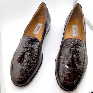 BALLY  Dark Brown Leather Tassel Kiltie Loafers With Crocodile